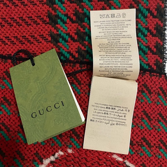 Gucci Interlocking GG Logo Red & Green Houndstooth Wool Tassel Scarf - Picture 8 of 12